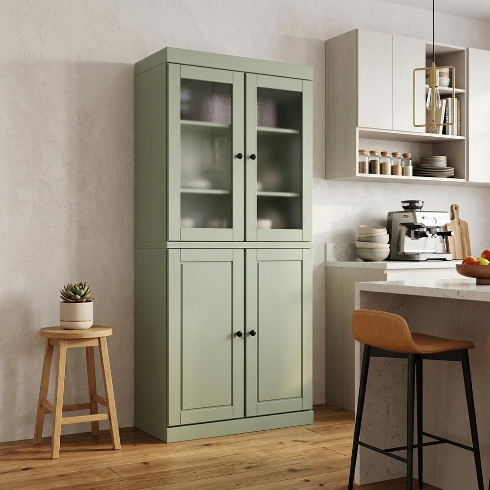 72" Sage Solid Wood Four Door Two Drawer Pantry Or Storage Closet
