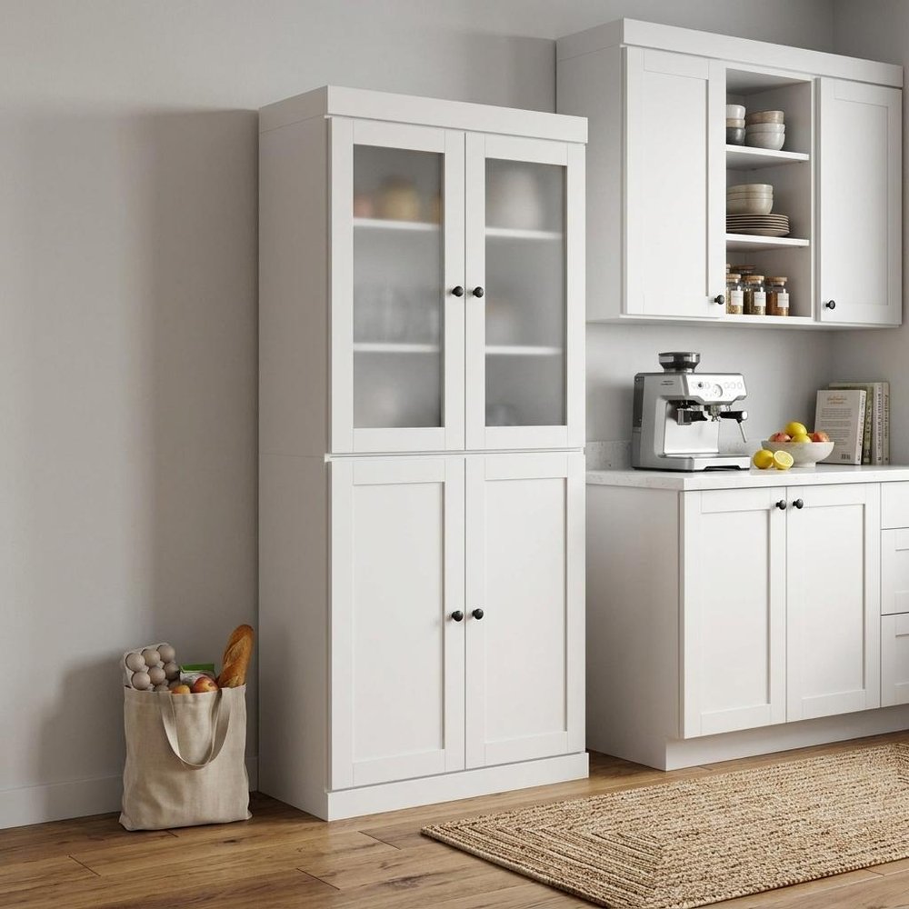 72" White Solid Wood Four Door Two Drawer Pantry Or Storage Closet