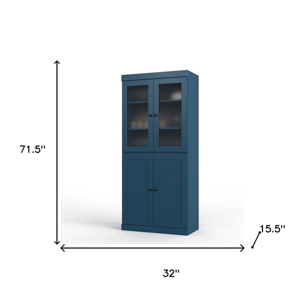 72" Teal Blue Solid Wood Four Door Two Drawer Pantry Or Storage Closet