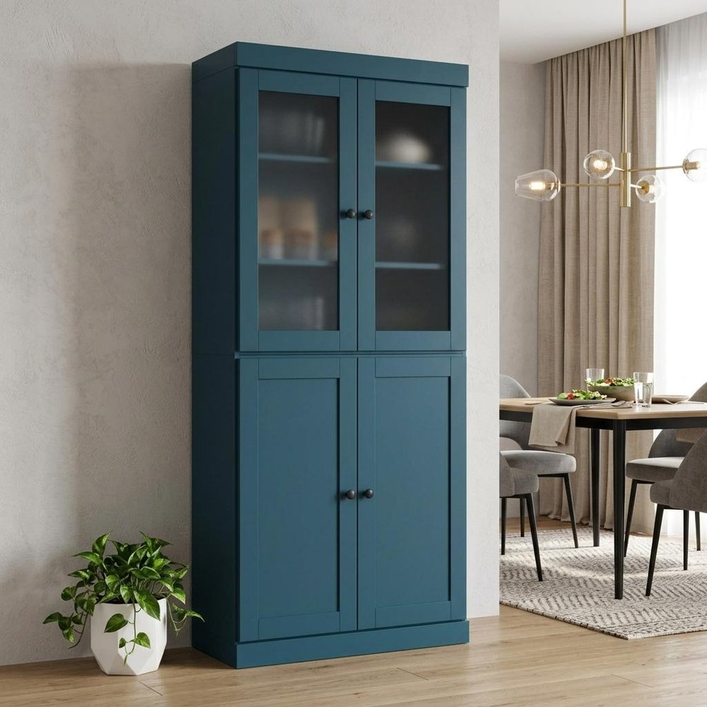 72" Teal Blue Solid Wood Four Door Two Drawer Pantry Or Storage Closet