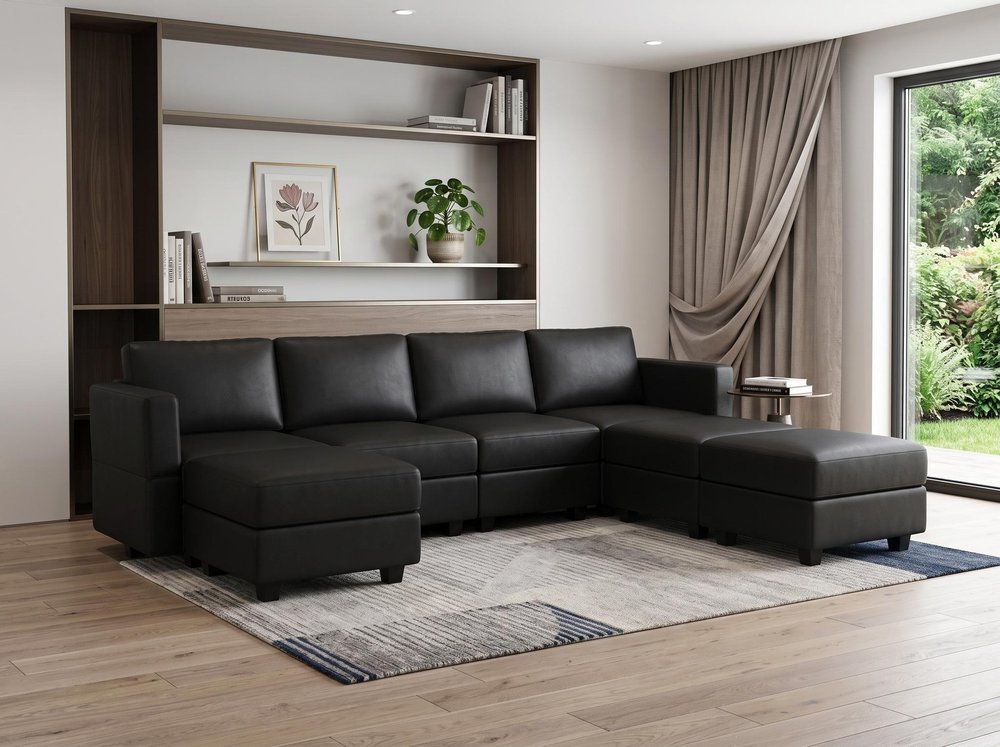 Black Faux Leather Modular Seven Piece Storage Sectional With Ottomans