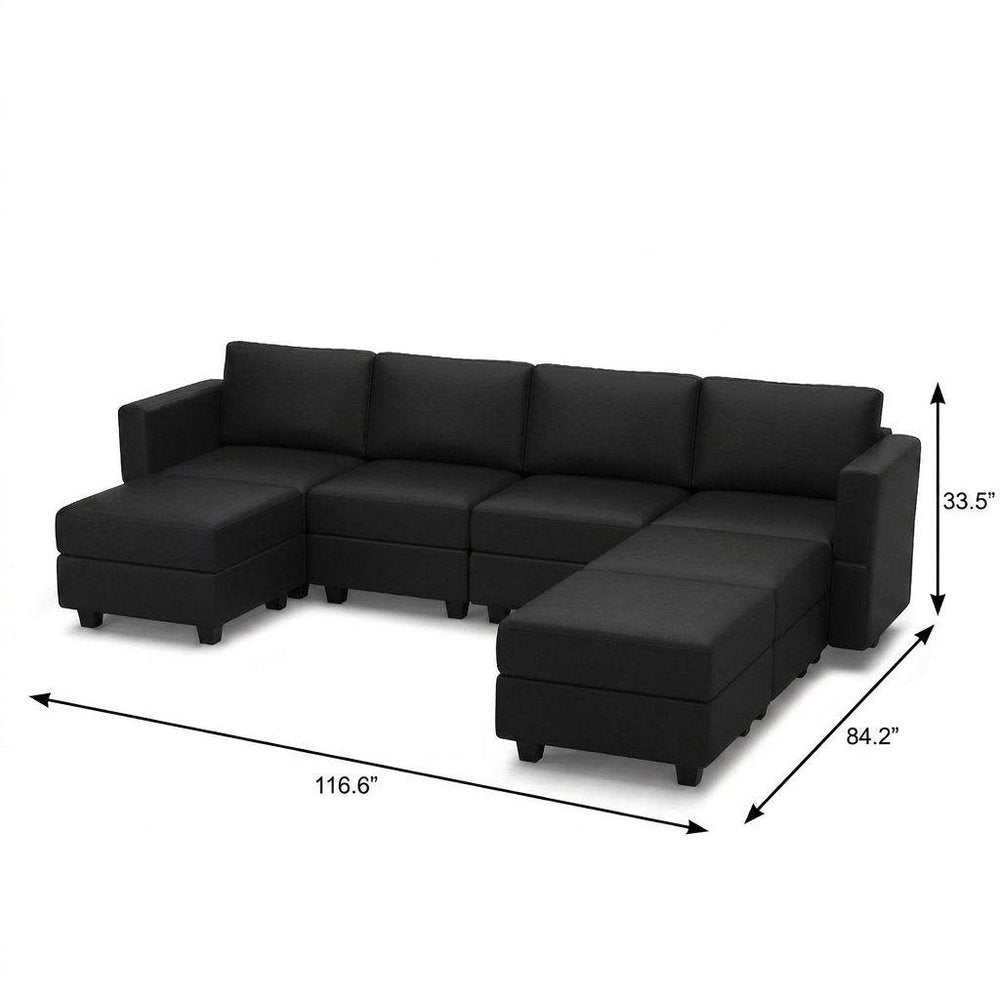 Black Faux Leather Modular Seven Piece Storage Sectional With Ottomans