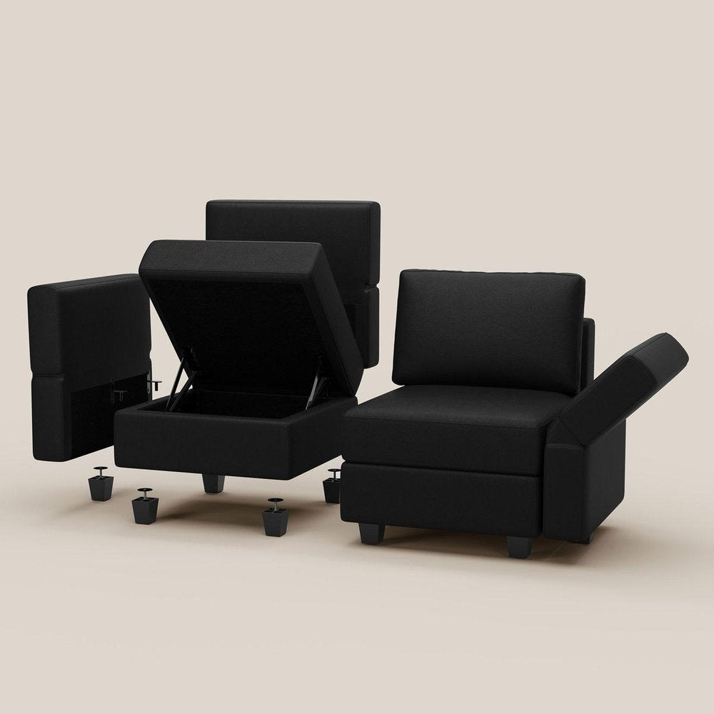 Black Faux Leather Modular Seven Piece Storage Sectional With Ottomans