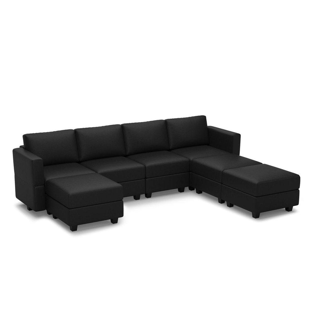 Black Faux Leather Modular Seven Piece Storage Sectional With Ottomans on a white background