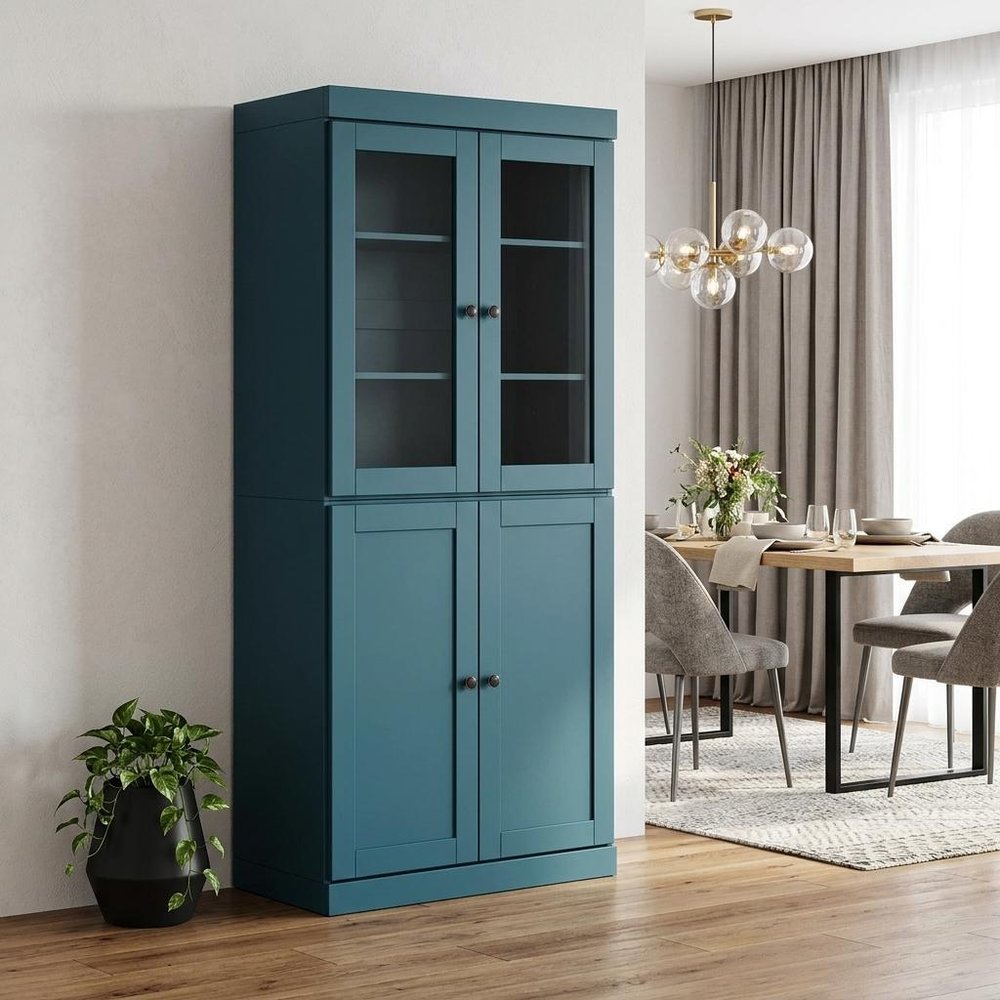 72" Teal Blue Solid Wood Four Door Pantry Or Storage Closet
