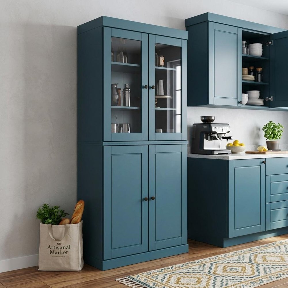 72" Teal Blue Solid Wood Four Door Pantry Or Storage Closet