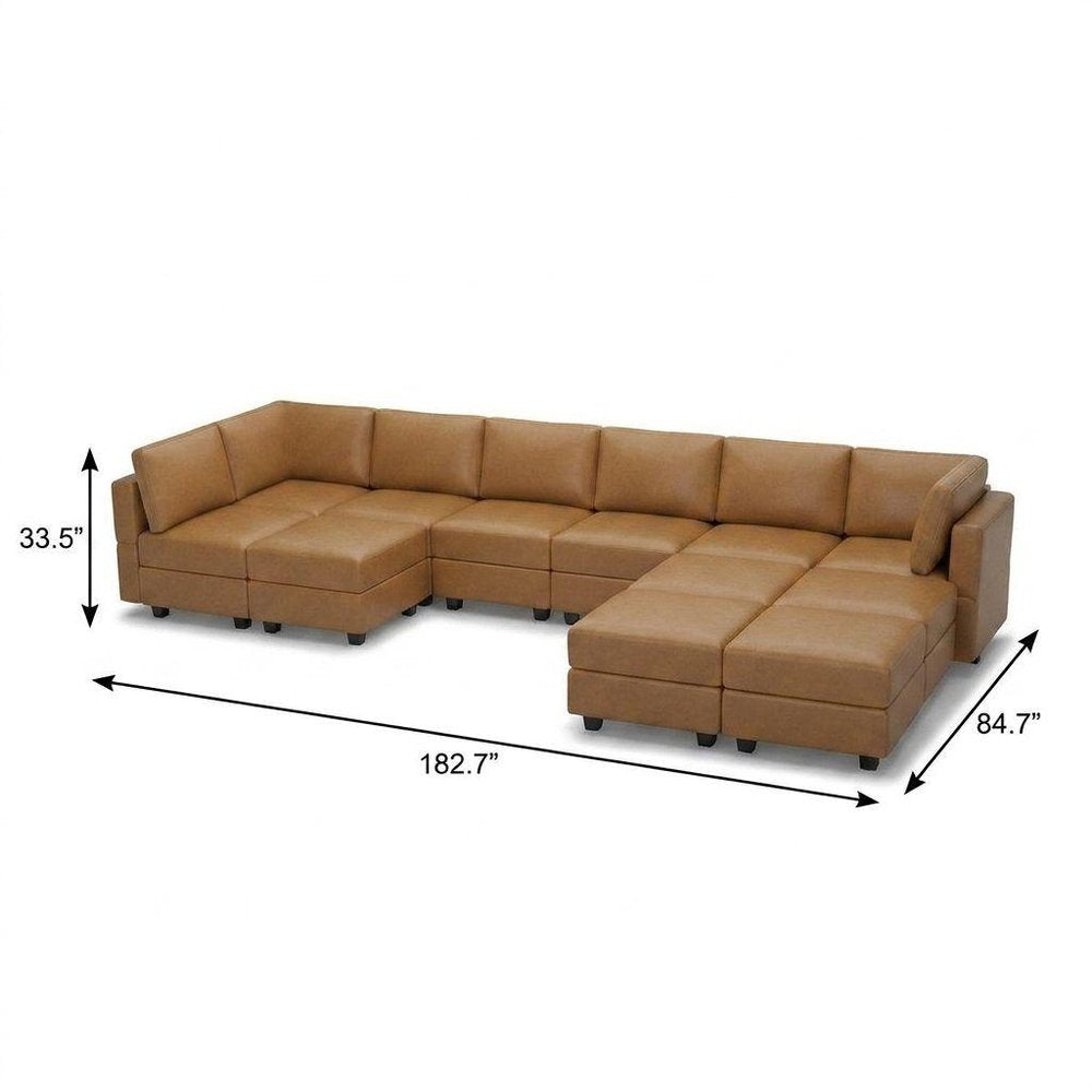 Brown Faux Leather Modular Twelve Piece Storage Sectional With Ottomans