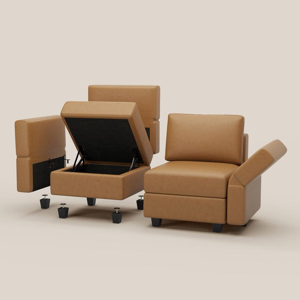 Brown Faux Leather Modular Twelve Piece Storage Sectional With Ottomans