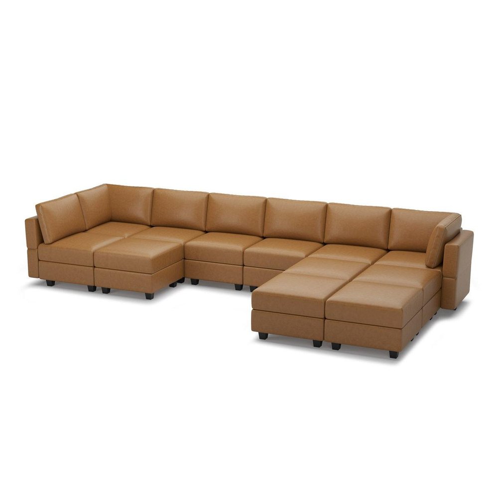 Brown Faux Leather Modular Twelve Piece Storage Sectional With Ottomans