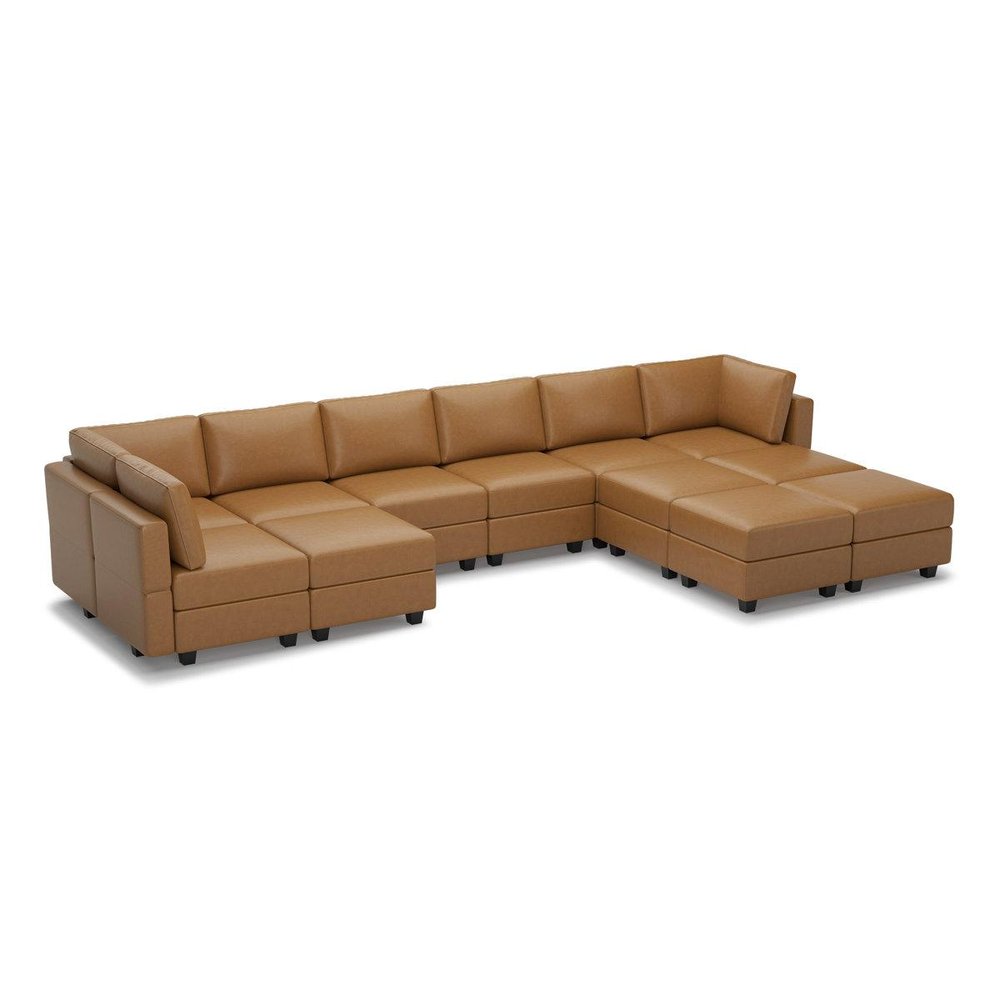 Brown Faux Leather Modular Twelve Piece Storage Sectional With Ottomans