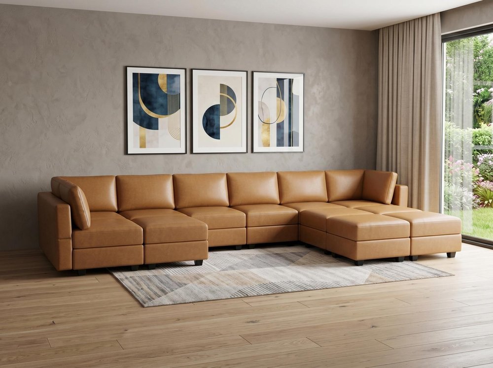 Brown Faux Leather Modular Twelve Piece Storage Sectional With Ottomans