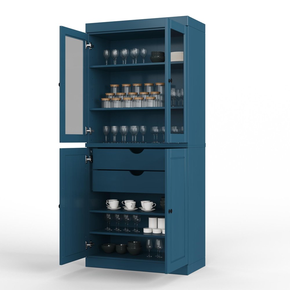 72" Teal Blue Solid Wood Four Door Two Drawer Pantry Or Storage Closet