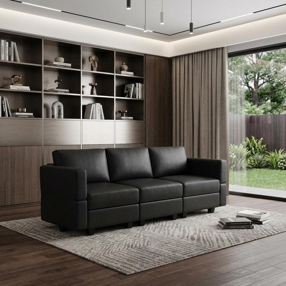 79" Black Faux Leather Modular Sofa And Storage