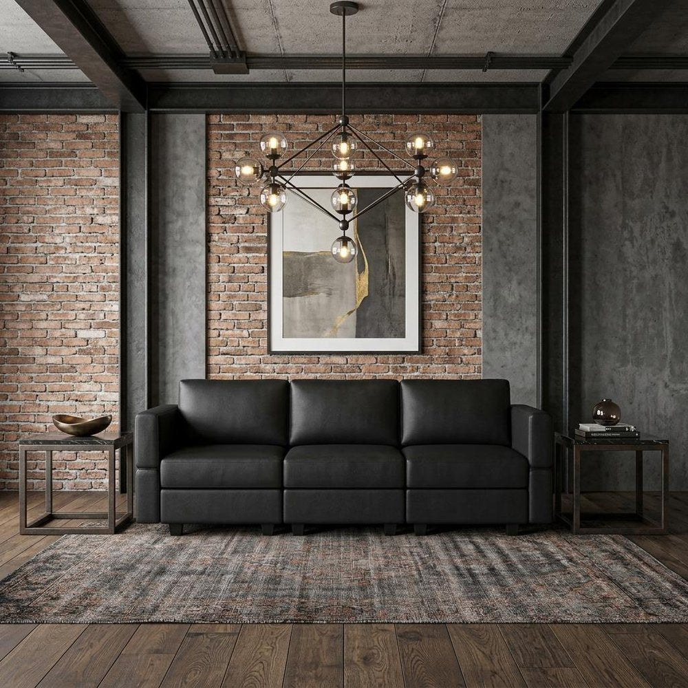 79" Black Faux Leather Modular Sofa And Storage