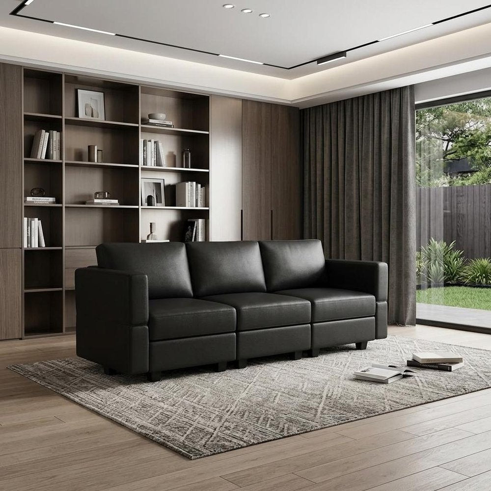 79" Black Faux Leather Modular Sofa And Storage
