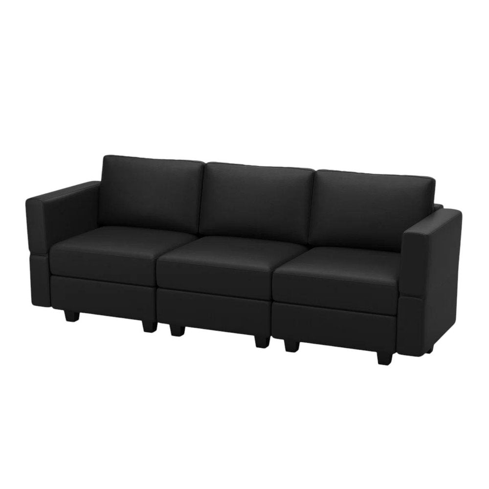 79" Black Faux Leather Modular Sofa And Storage