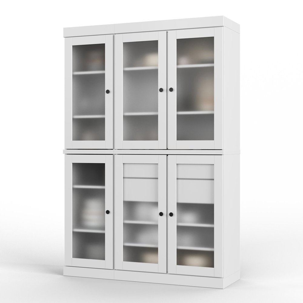 White two-tier storage cabinet with six glass-front doors and two drawers on a white background.