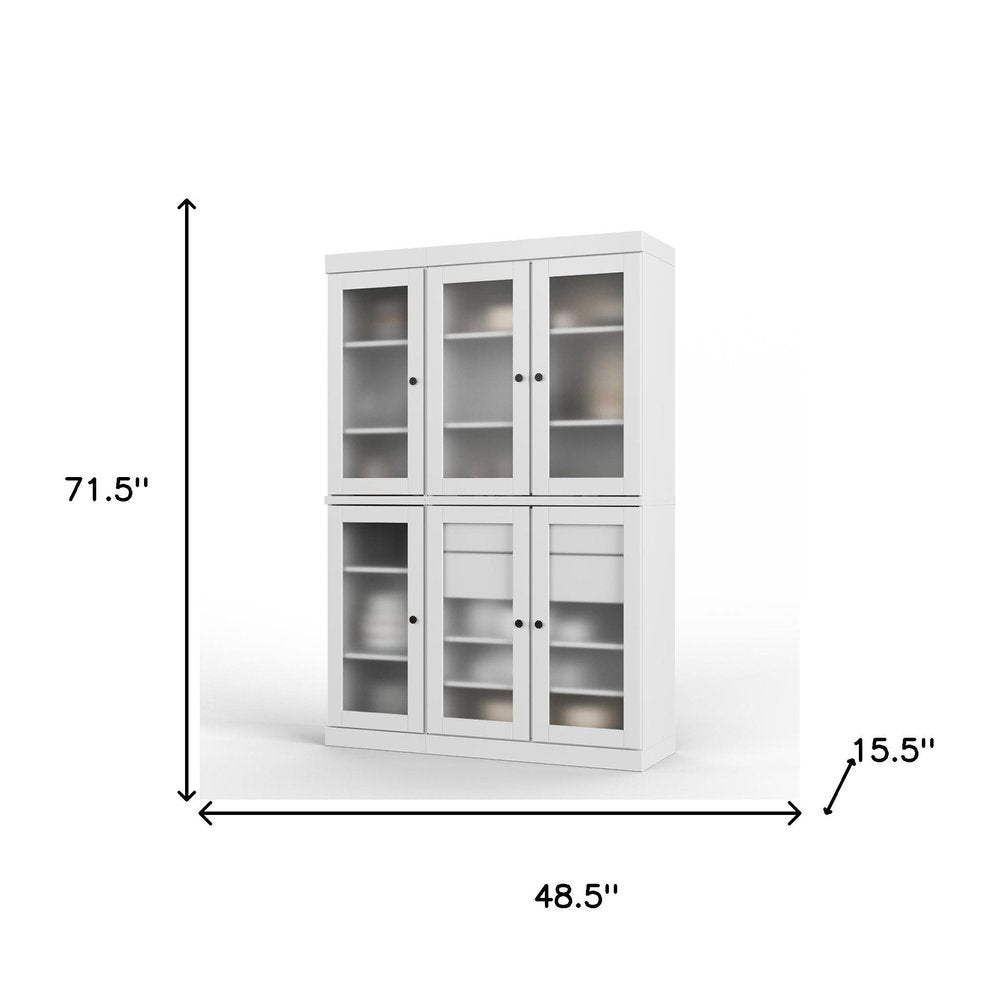 72" White Solid Wood Six Door Two Drawer Pantry Or Storage Closet - with Eight Adjustable Shelves