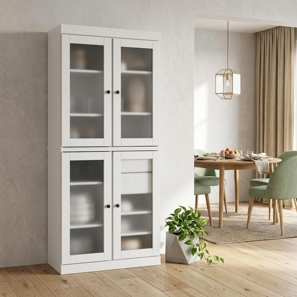 72" White Solid Wood Six Door Two Drawer Pantry Or Storage Closet - with Eight Adjustable Shelves