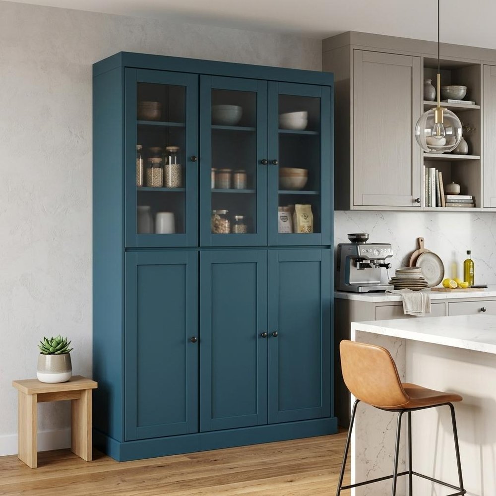 72" Teal Blue Solid Wood Six Door Two Drawer Pantry Or Storage Closet