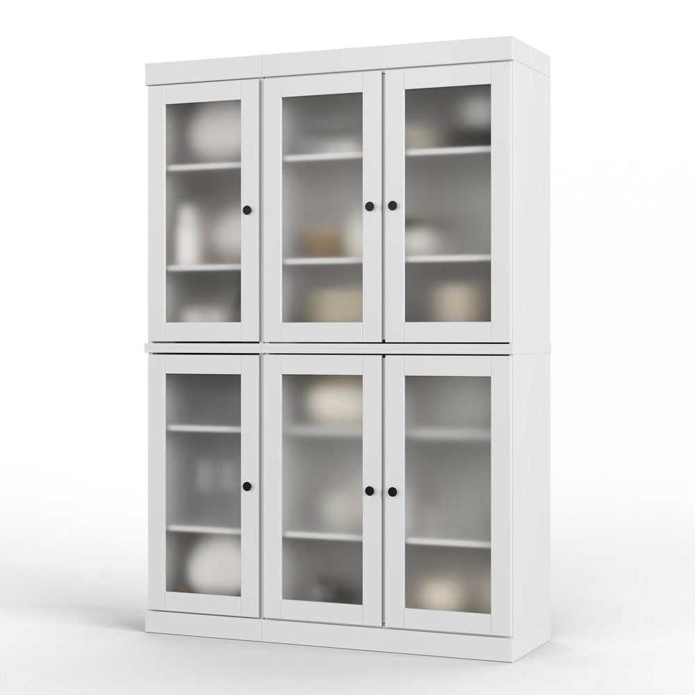 White six-door storage cabinet with frosted glass doors on a white background.