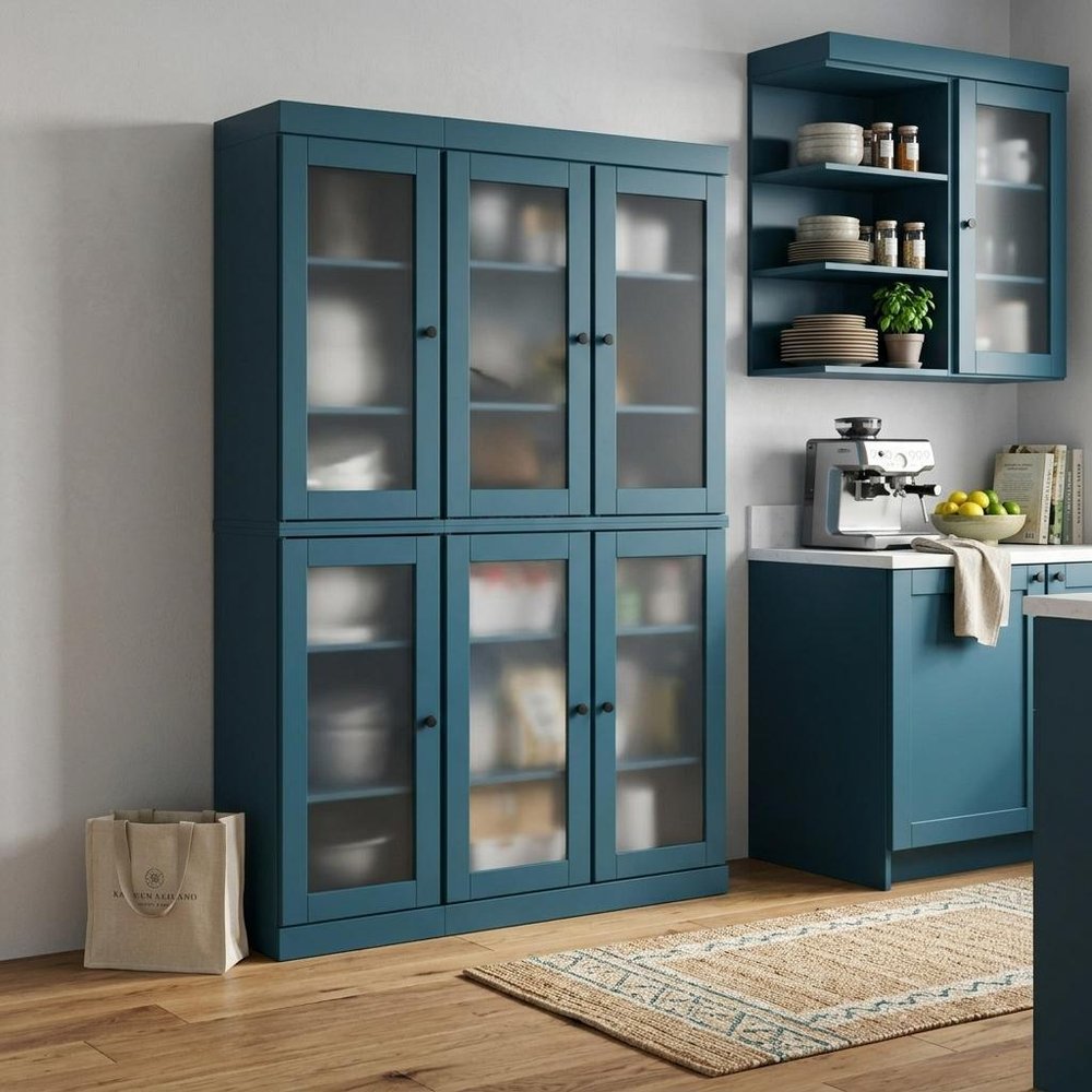 72" Teal Blue Solid Wood Six Door Pantry Or Storage Closet