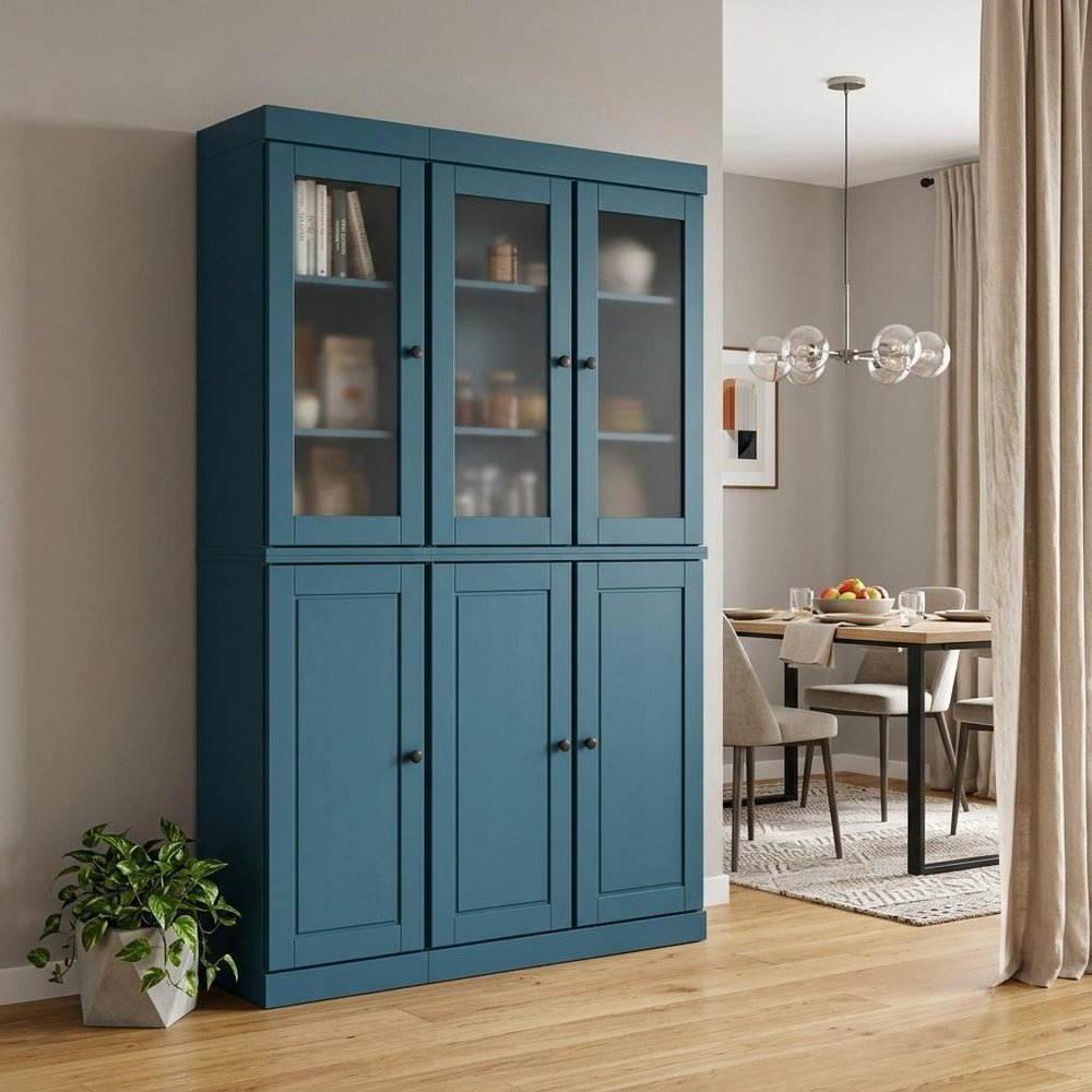 72" Teal Blue Solid Wood Six Door Pantry Or Storage Closet
