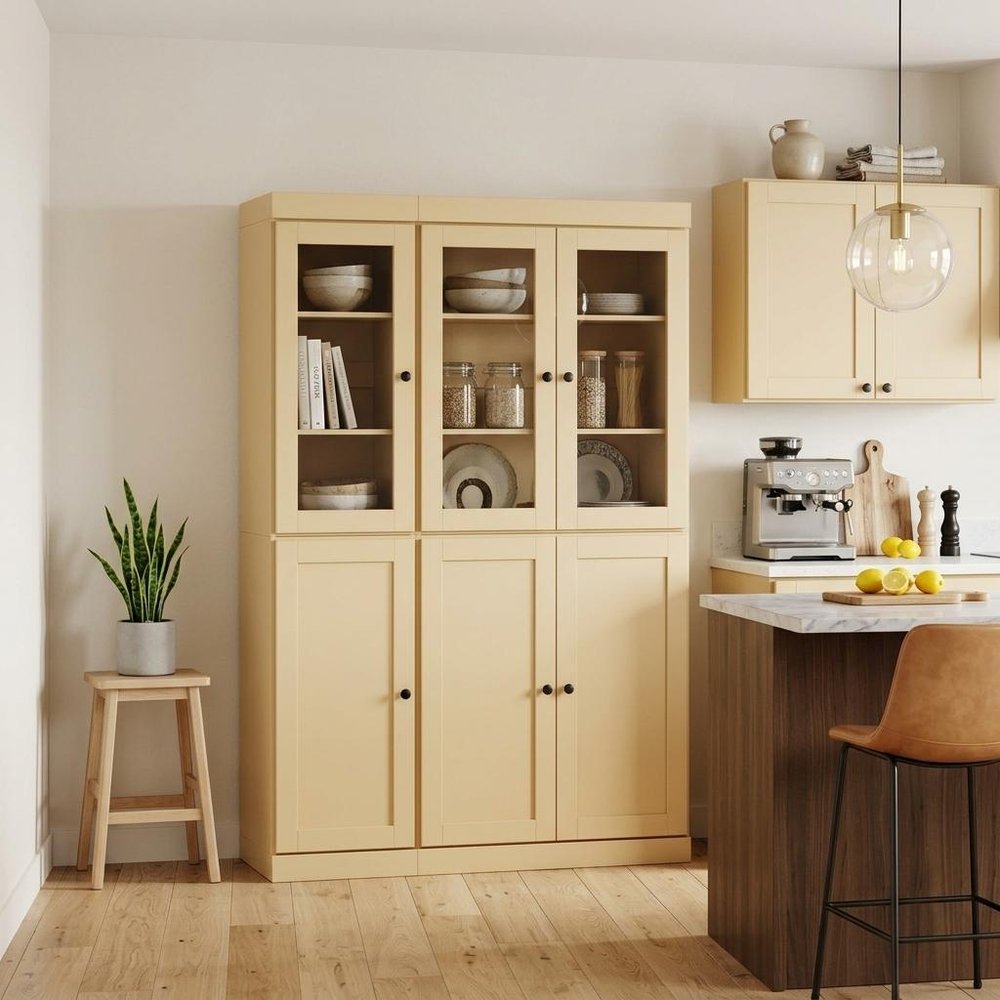 72" Yellow Solid Wood Six Door Pantry Or Storage Closet in a home interior