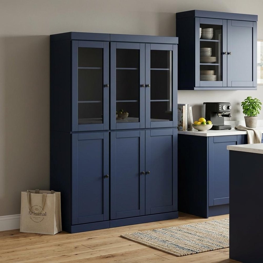 72" Navy Blue Solid Wood Six Door Pantry Or Storage Closet