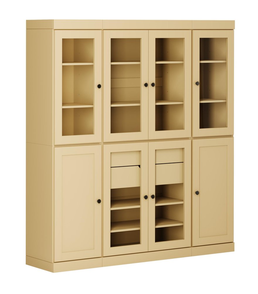 A tall, light yellow solid wood storage cabinet with glass doors on top and solid doors on the bottom.