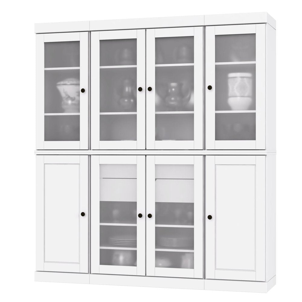 White solid wood storage cabinet with glass-fronted upper doors and solid lower doors, against a white background.