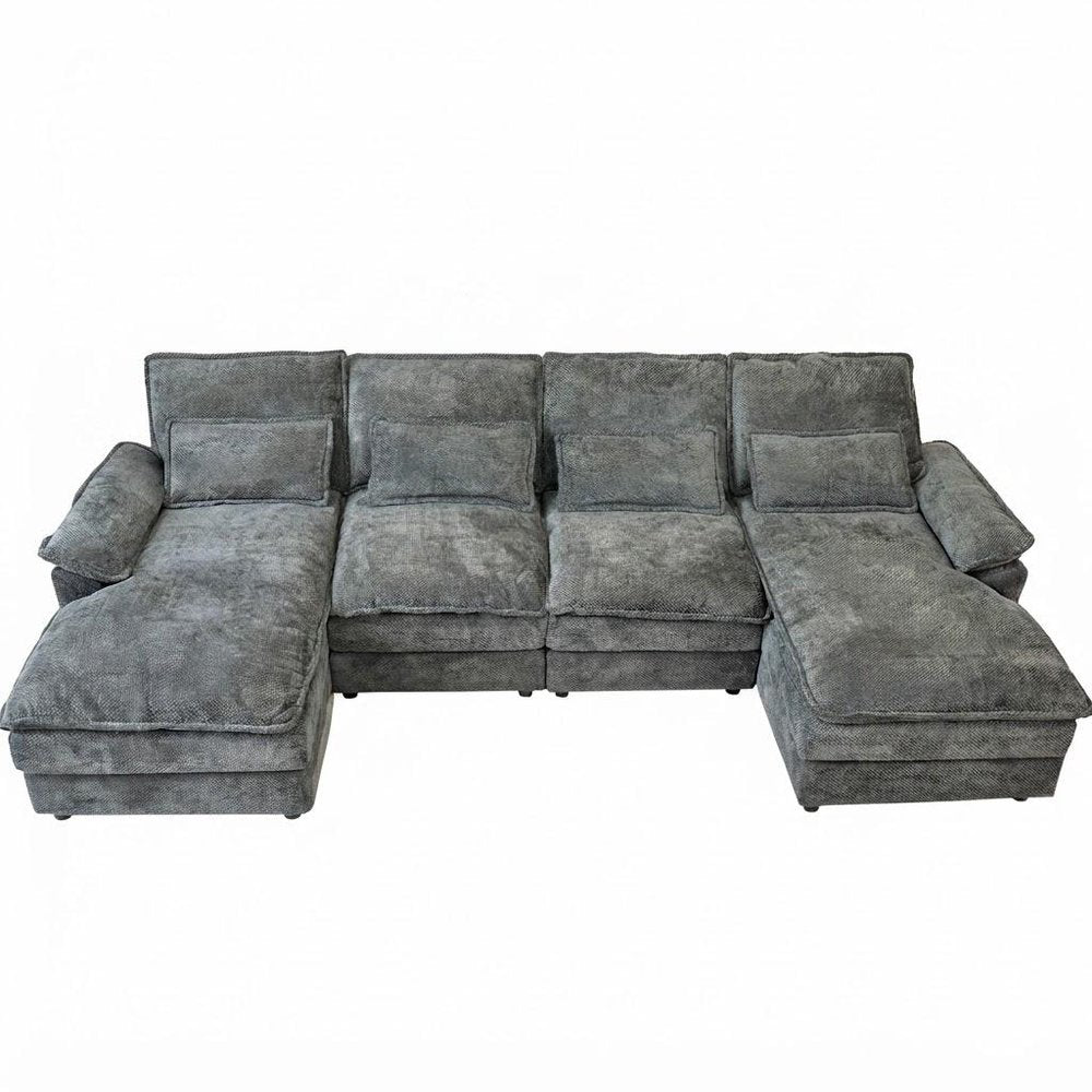 Gray Chenille Modular U Shaped Four Piece Sofa and Chaise Sectional With Console And Toss Pillows