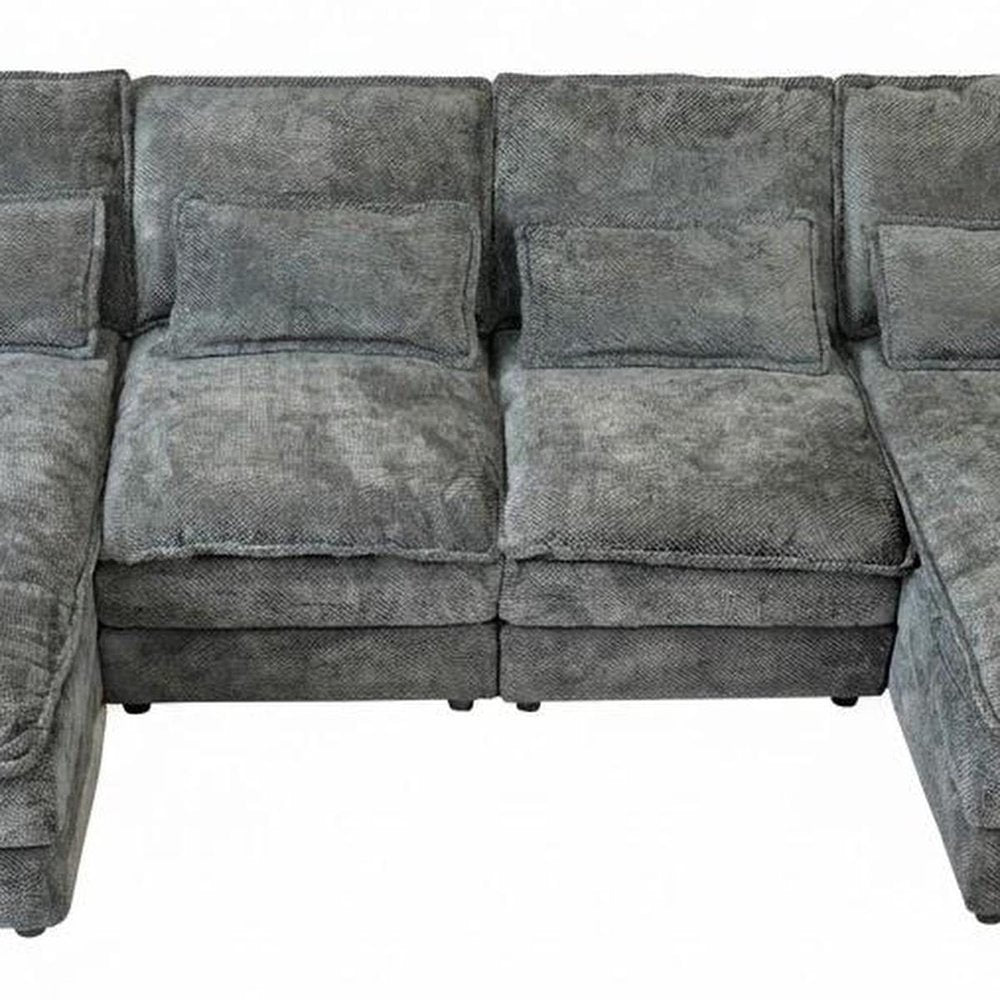 Gray Chenille Modular U Shaped Four Piece Sofa and Chaise Sectional With Console And Toss Pillows