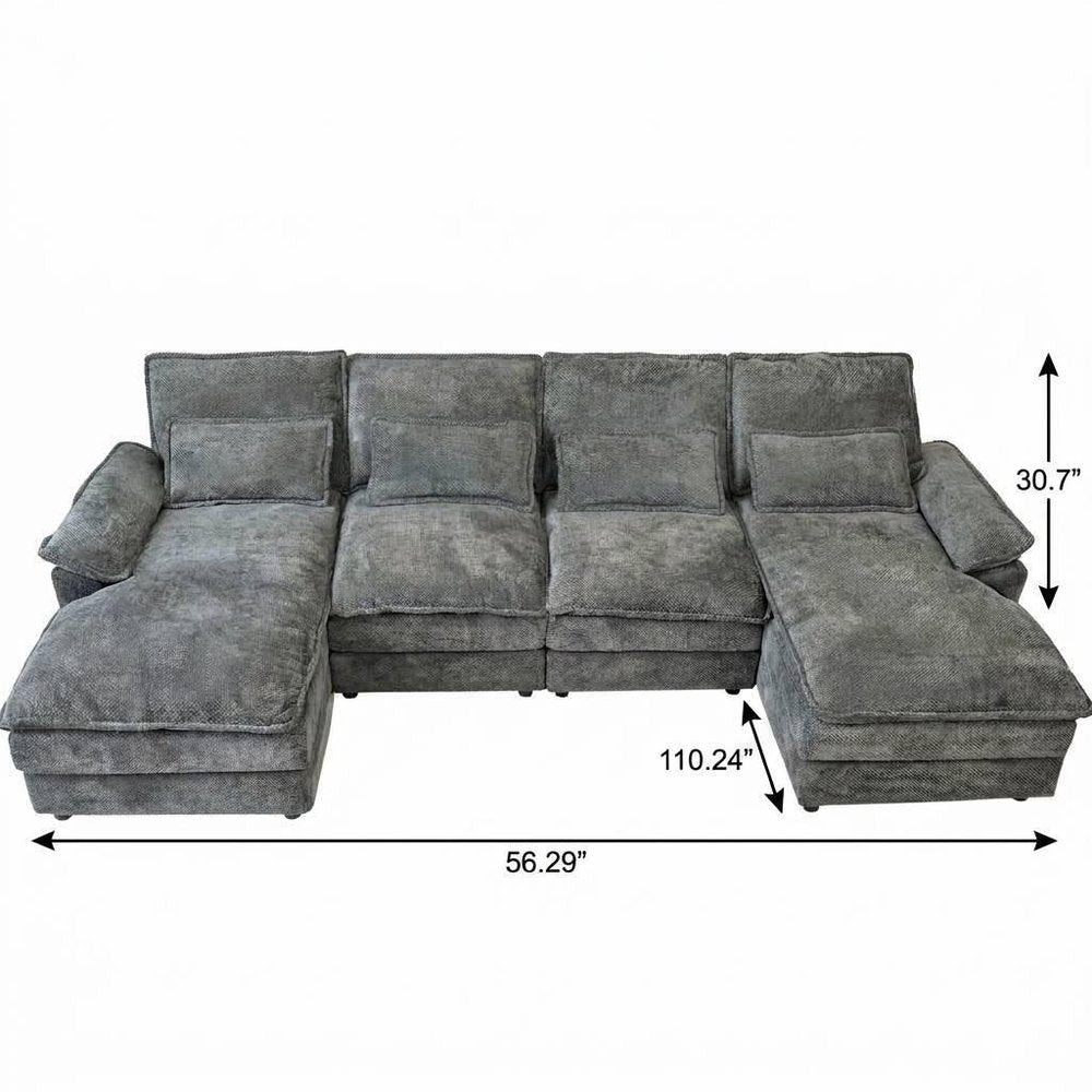 Gray Chenille Modular U Shaped Four Piece Sofa and Chaise Sectional With Console And Toss Pillows