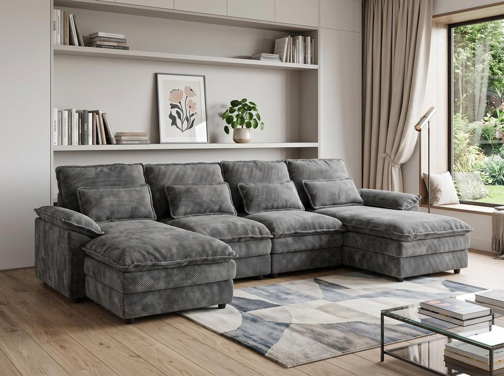 Gray Chenille Modular U Shaped Four Piece Sofa and Chaise Sectional With Console And Toss Pillows