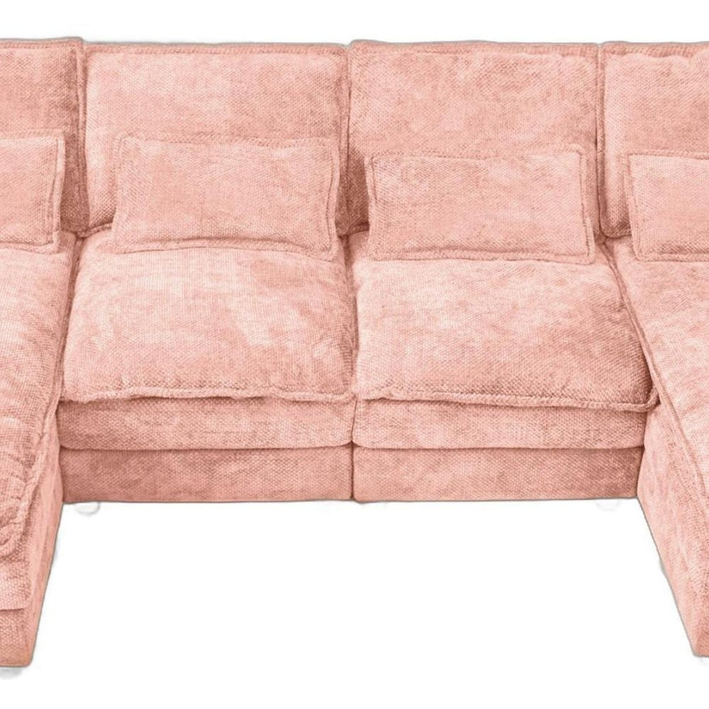 Pink Chenille Modular U Shaped Four Piece Sofa and Chaise Sectional With Console And Toss Pillows