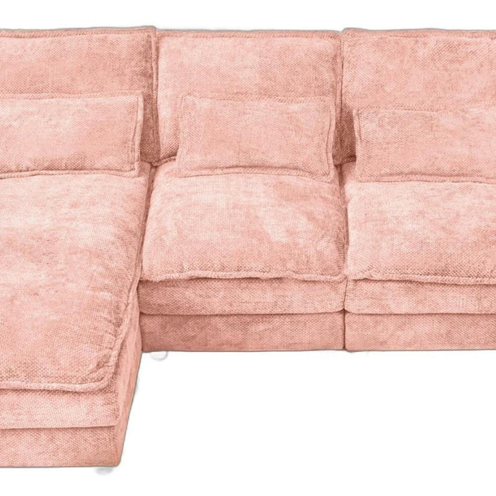 Pink Chenille Modular U Shaped Four Piece Sofa and Chaise Sectional With Console And Toss Pillows