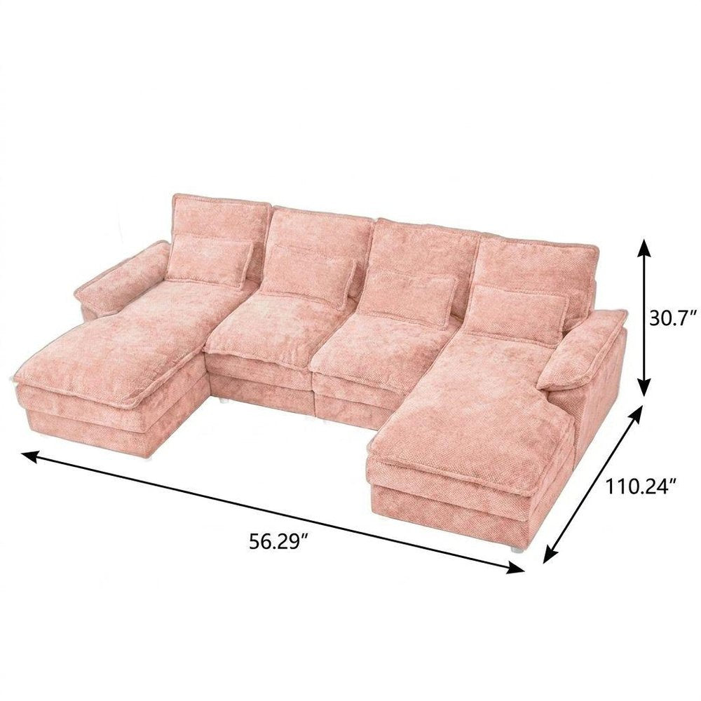Pink Chenille Modular U Shaped Four Piece Sofa and Chaise Sectional With Console And Toss Pillows