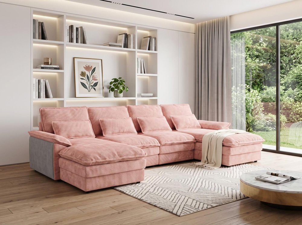 Pink Chenille Modular U Shaped Four Piece Sofa and Chaise Sectional With Console And Toss Pillows