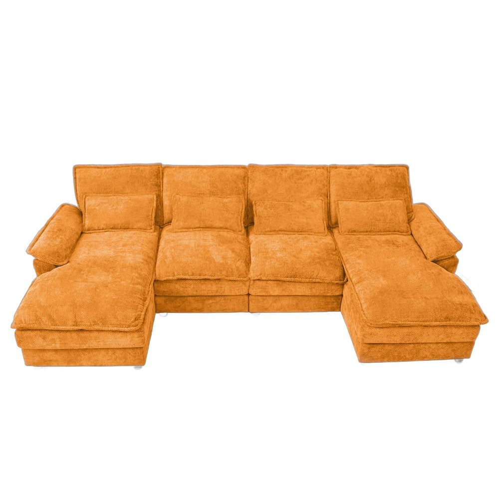 Orange Chenille Modular U Shaped Four Piece Sofa and Chaise Sectional With Console And Toss Pillows on a white background