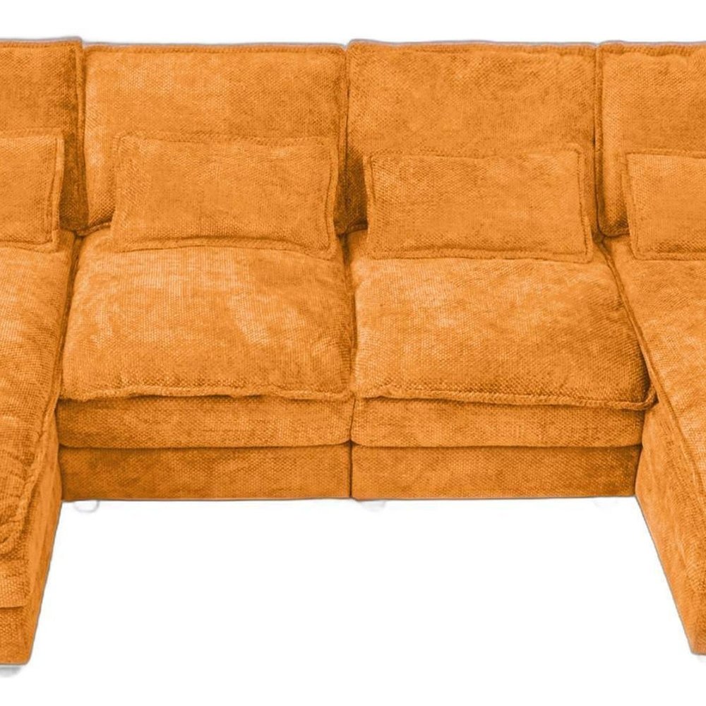 Orange Chenille Modular U Shaped Four Piece Sofa and Chaise Sectional With Console And Toss Pillows on a white background