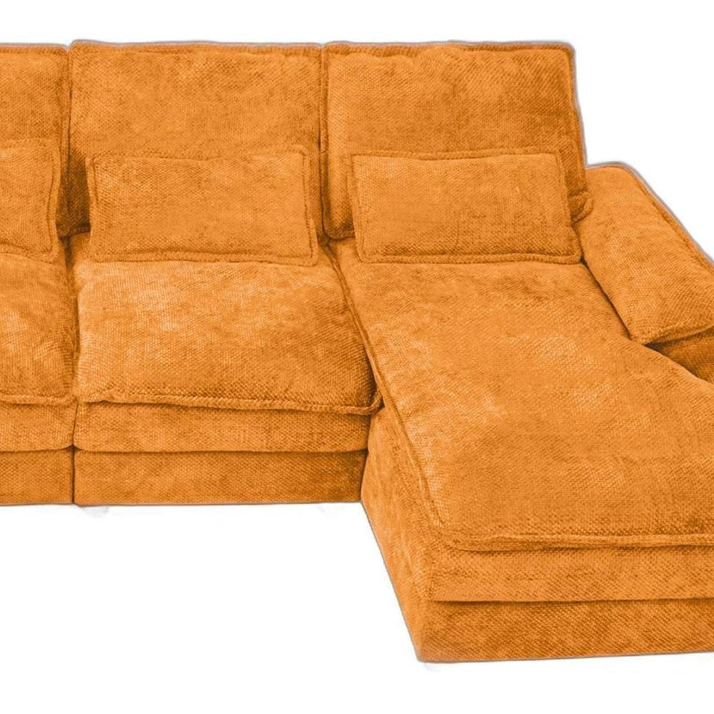 Orange Chenille Modular U Shaped Four Piece Sofa and Chaise Sectional With Console And Toss Pillows on a white background