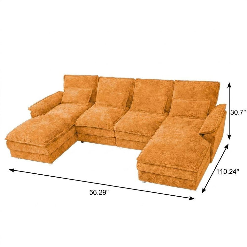 Orange Chenille Modular U Shaped Four Piece Sofa and Chaise Sectional With Console And Toss Pillows on a white background