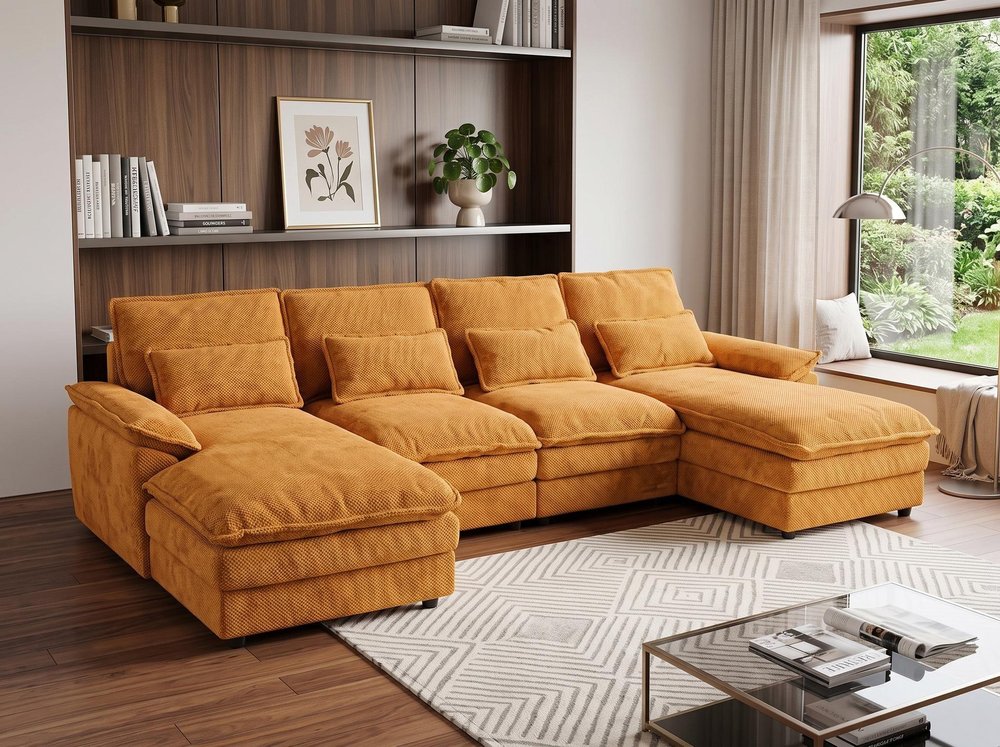 Orange Chenille Modular U Shaped Four Piece Sofa and Chaise Sectional With Console And Toss Pillows in a home interior