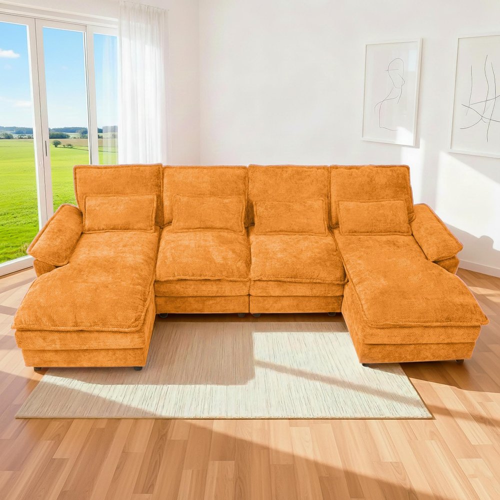Pink Chenille Modular U Shaped Four Piece Sofa and Chaise Sectional With Console And Toss Pillows