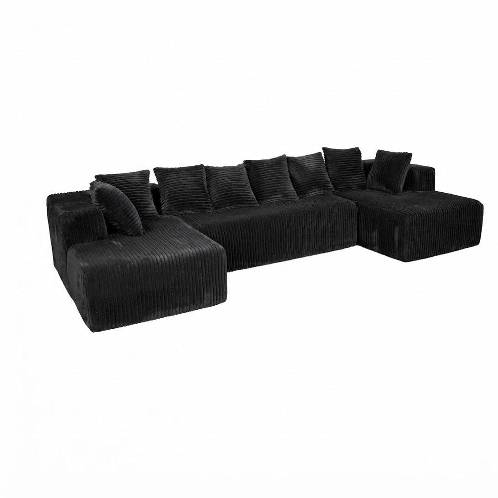 Black Corduroy Modular U Shaped Three Piece Corner Sectional With Console And Toss Pillows