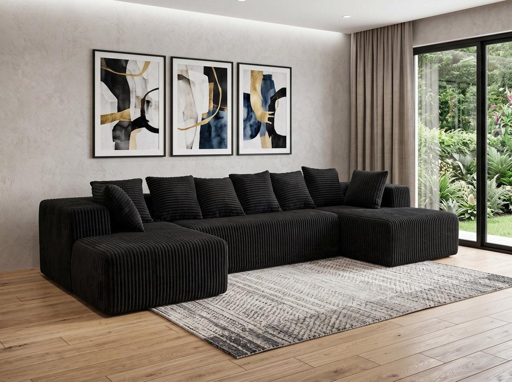 Black Corduroy Modular U Shaped Three Piece Corner Sectional With Console And Toss Pillows