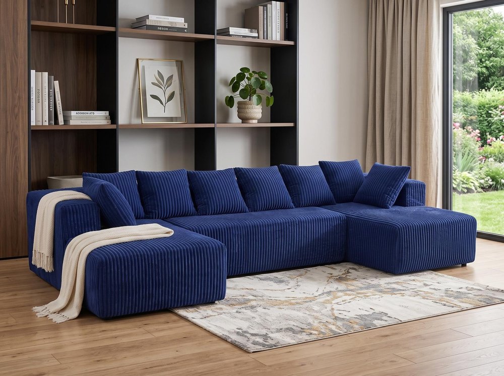 Blue Corduroy Modular U Shaped Three Piece Corner Sectional With Console And Toss Pillows