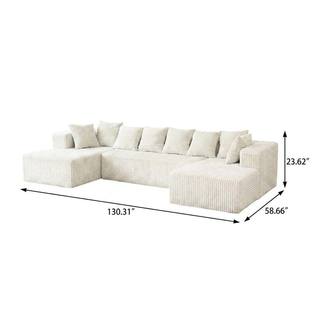 Gray Corduroy Modular U Shaped Three Piece Sofa and Chaise Sectional With Console And Toss Pillows