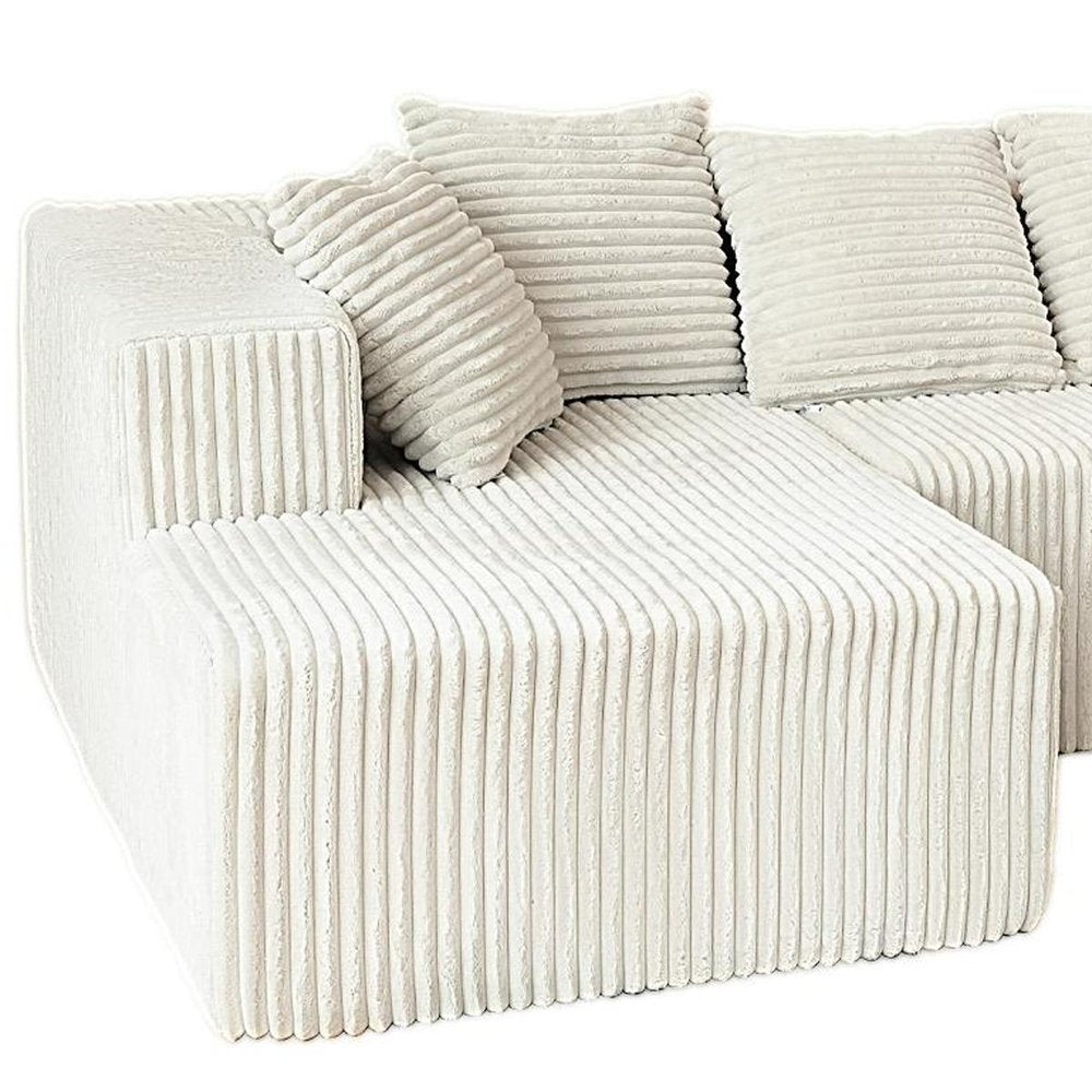 Gray Corduroy Modular U Shaped Three Piece Sofa and Chaise Sectional With Console And Toss Pillows